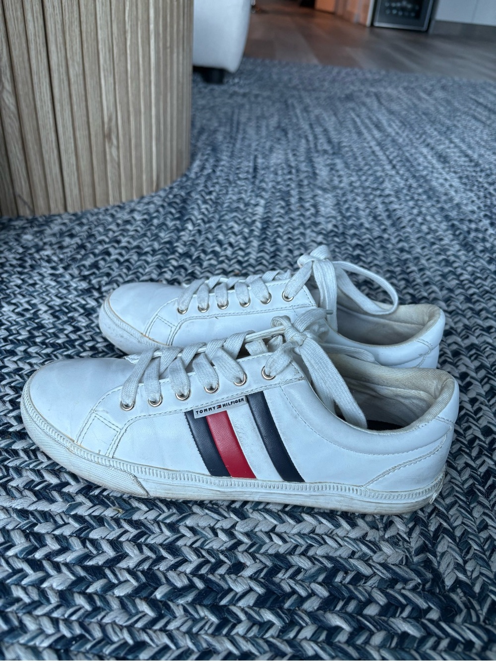 Tommy Hilfiger White Leather Sneakers with Red & Navy Stripes